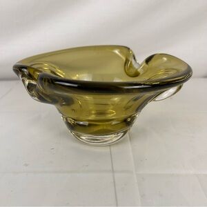VTG MCM Heavy Art Glass Bowl | Amber Olive Swung Style | Sculptural Centerpiece